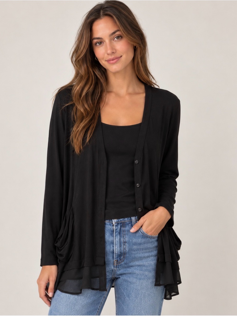 LOGO By Lori Goldstein Black Long Sleeve Cardigan / Tunic Size Medium